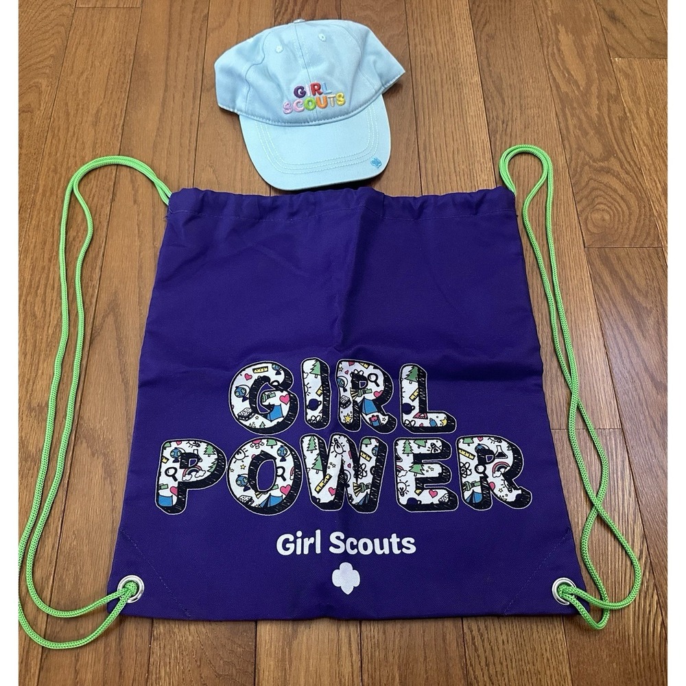 Girl Scouts Girl Power Cinch Bag Purple Trefoil Backpack Baseball Hat Blue‎